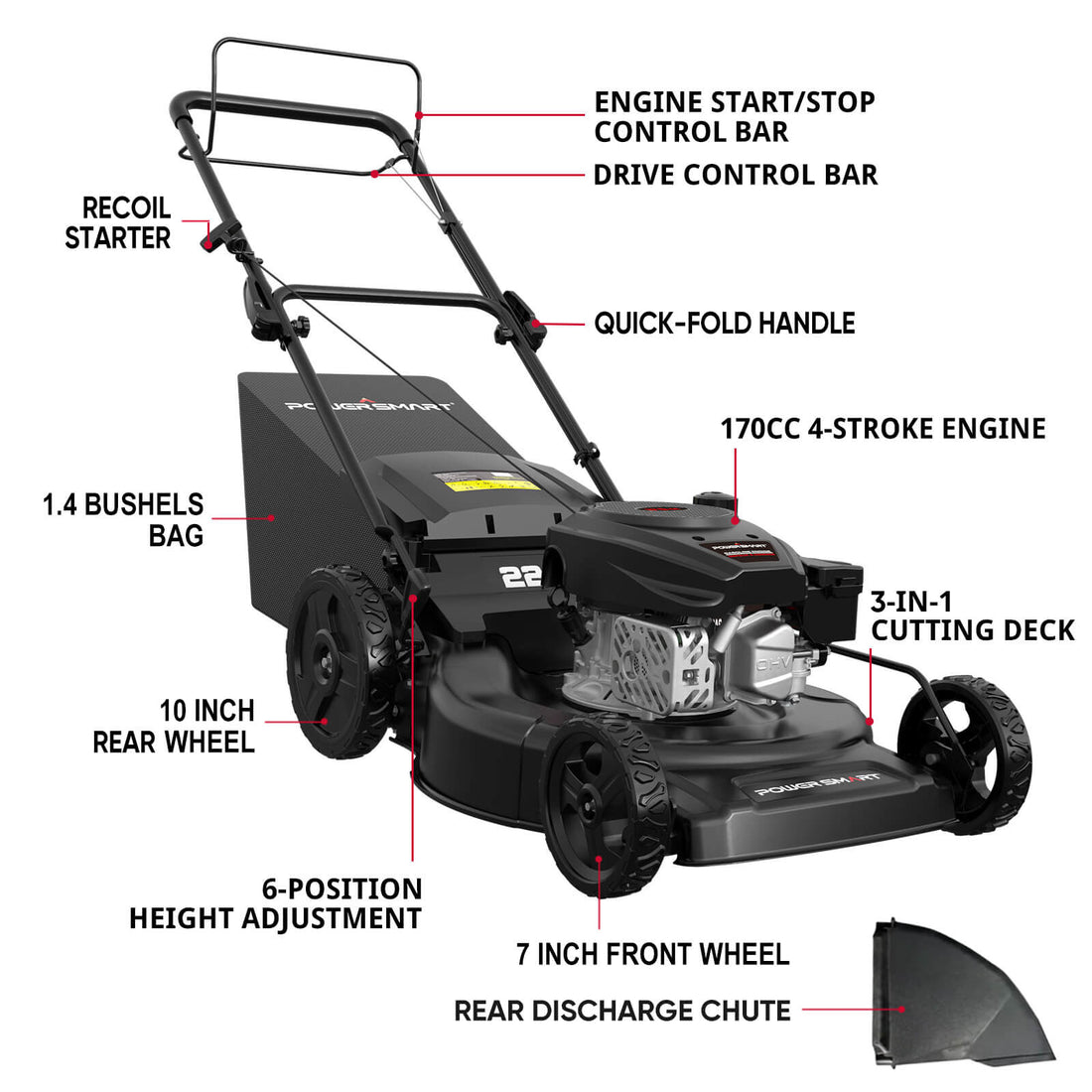 22" 170cc Gas Self-Propelled 3-in-1 Lawn Mower V8622S